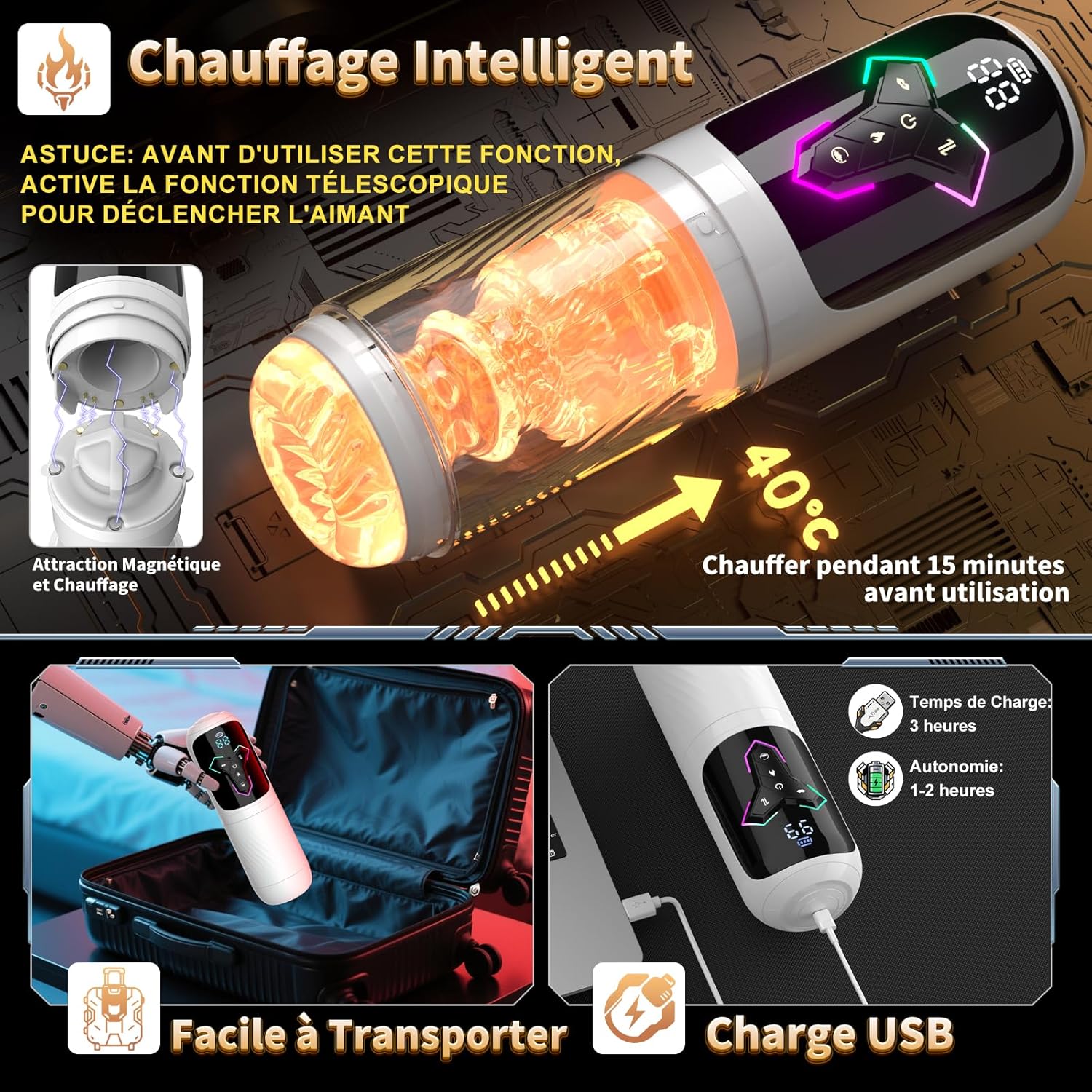 Masturbateur homme automatique chauffant avec design ergonomique et fonction mains libres