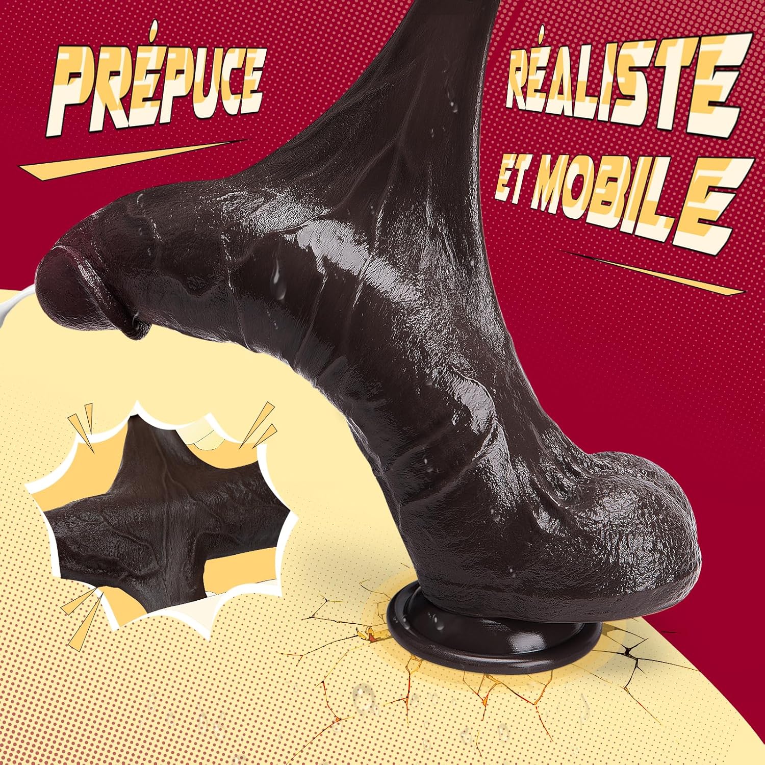Gode XXL réaliste noir avec prépuce coulissant en silicone double couche — détail du mouvement de la peau extérieure