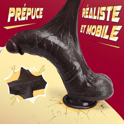Gode XXL réaliste noir avec prépuce coulissant en silicone double couche — détail du mouvement de la peau extérieure