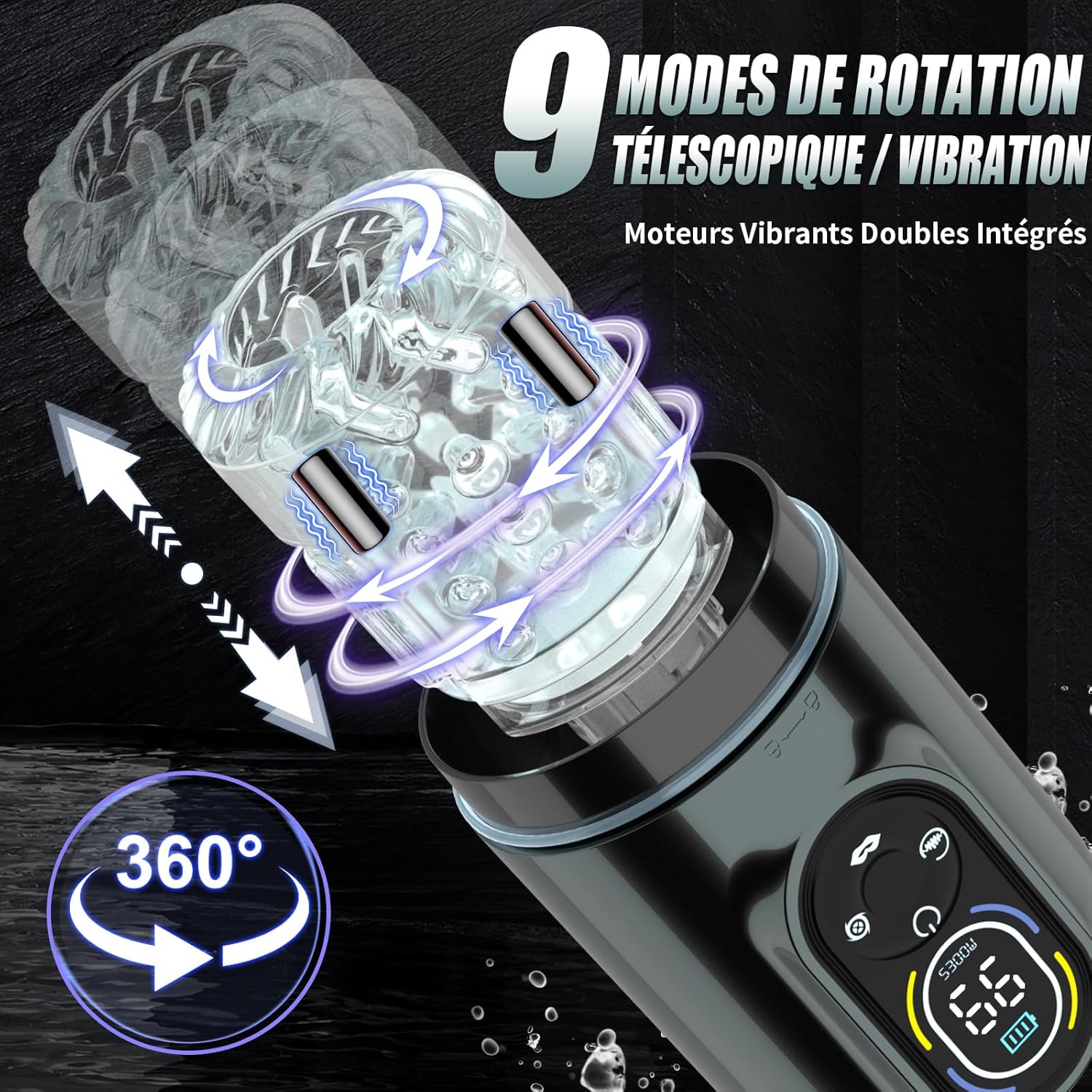 Sex toy homme connecté avec fonctions vibration, rotation et mouvements télescopiques pour une stimulation multifonction