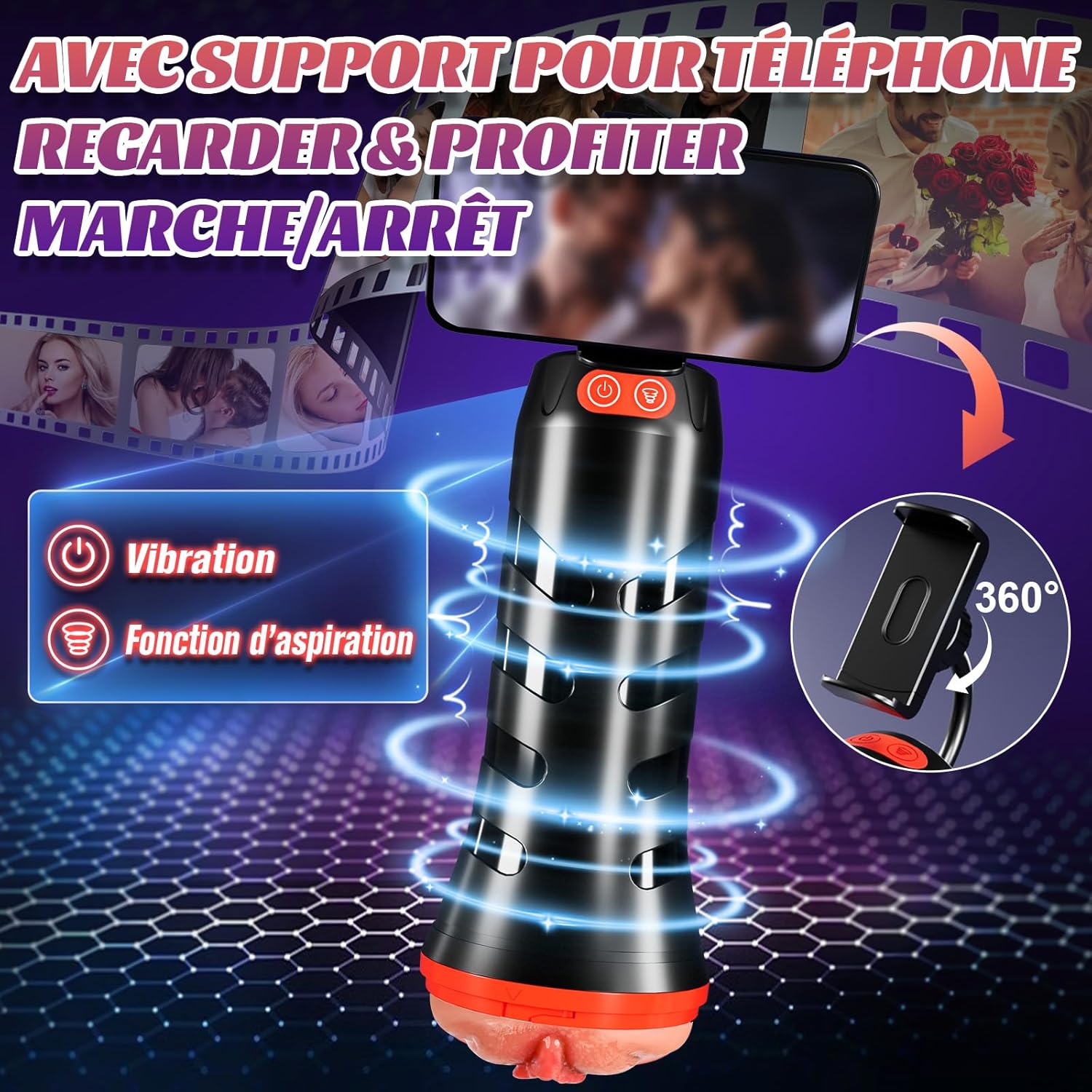 Masturbateur mains libres en utilisation avec smartphone fixé sur le support rotatif intégré
