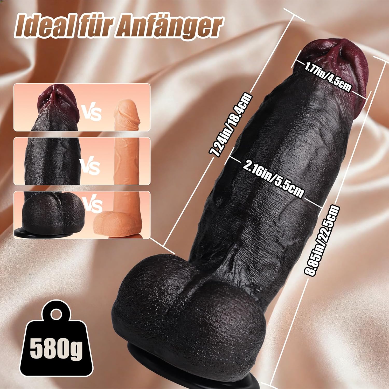 Schéma des dimensions du gode réaliste : 22,5 cm de long, 18,4 cm insérables, 5,5 cm de diamètre