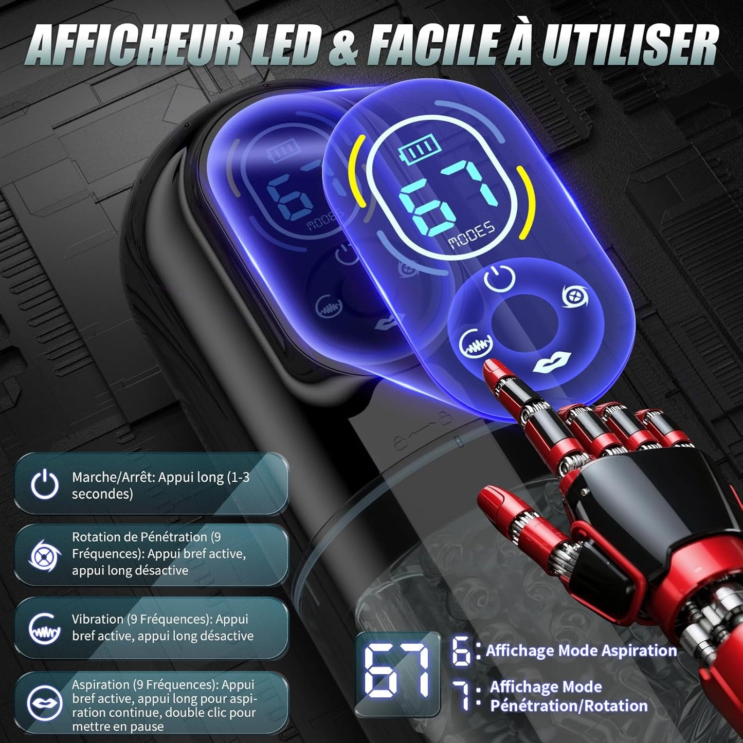 Gros plan sur l’écran LED du masturbateur homme automatique affichant les réglages et modes sélectionnés