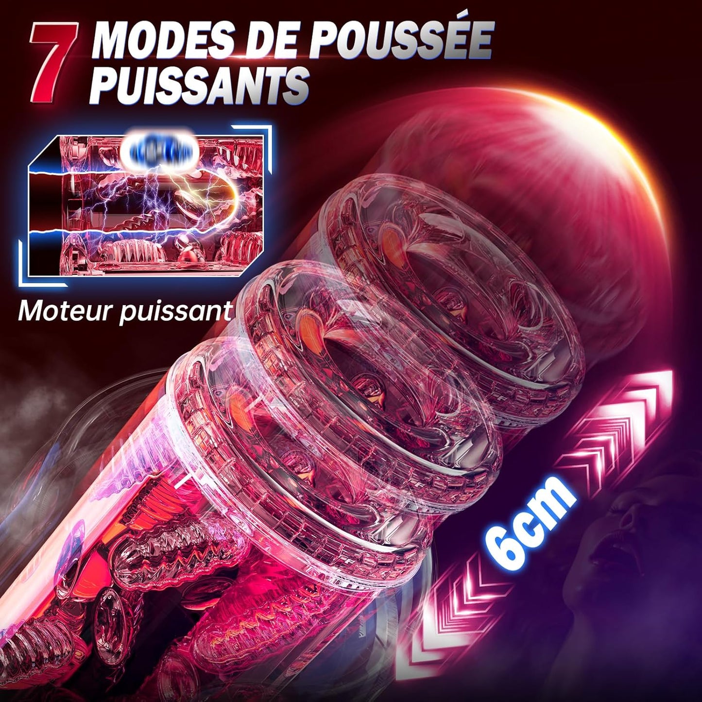 Masturbateur automatique avec 7 modes de poussée télescopique et 5 points de stimulation fixes jusqu’à 245 poussées par minute