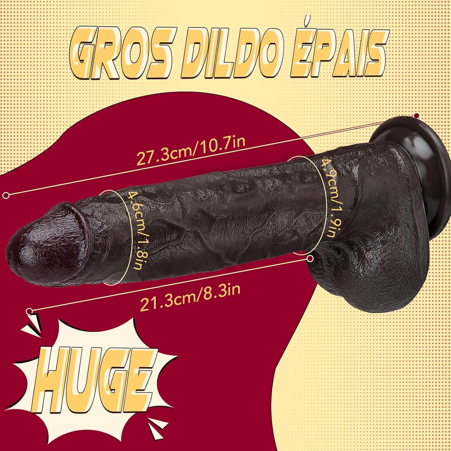 Gode XXL réaliste noir avec mesures — longueur totale 27,3 cm, longueur insérable 21,3 cm, diamètre 6,3 cm
