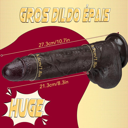 Gode XXL réaliste noir avec mesures — longueur totale 27,3 cm, longueur insérable 21,3 cm, diamètre 6,3 cm