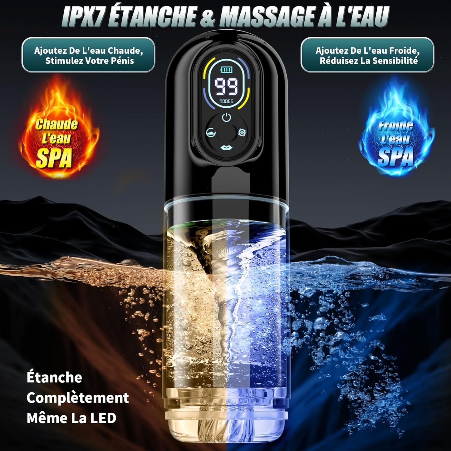 Masturbateur homme étanche noir présenté pour une utilisation sous l’eau avec conception waterproof sécurisée
