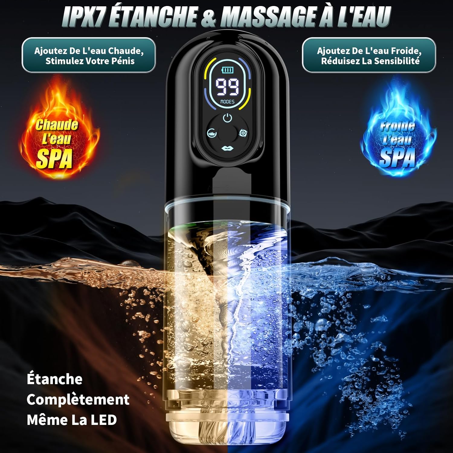 Masturbateur homme étanche noir présenté pour une utilisation sous l’eau avec conception waterproof sécurisée