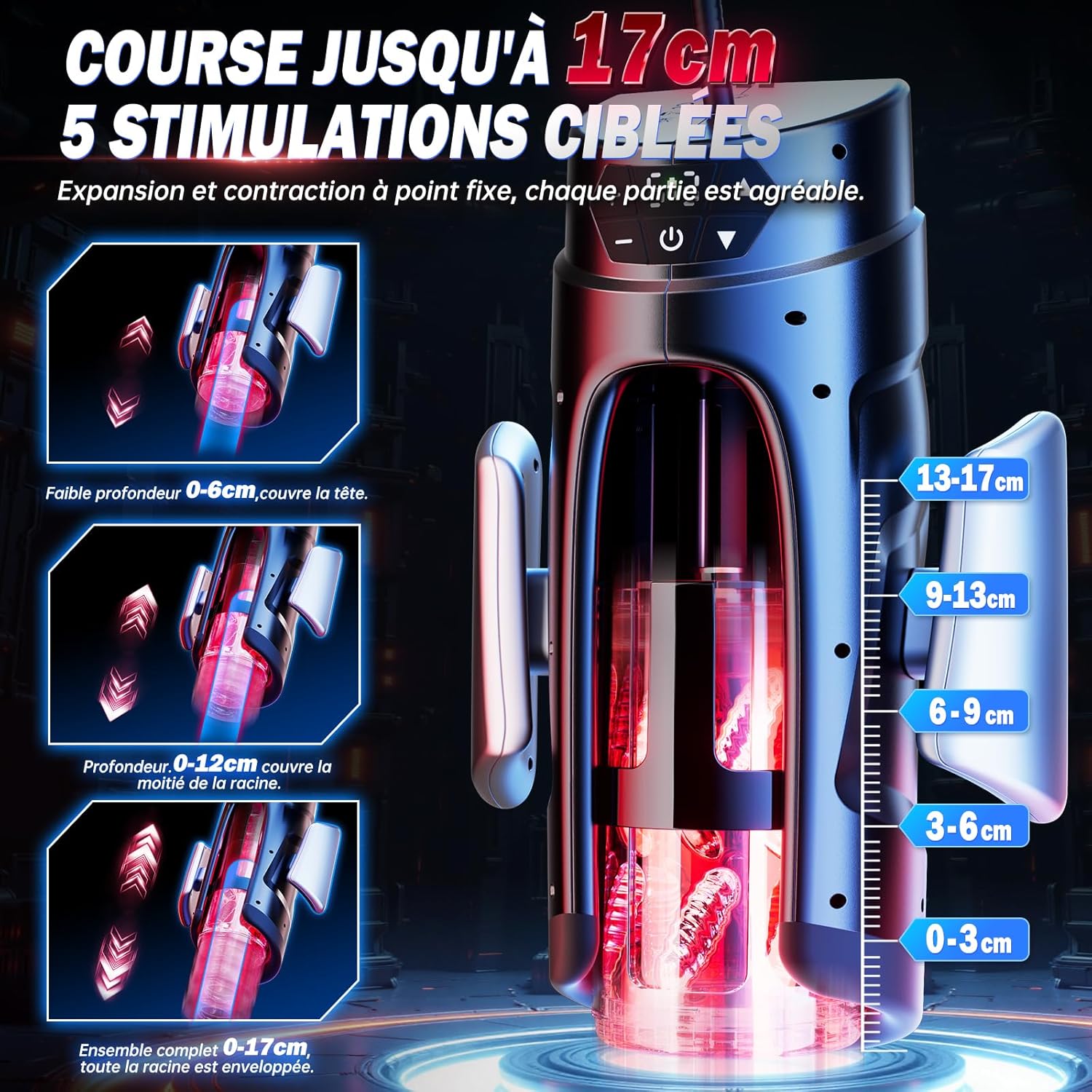 Masturbateur automatique avec écran LED clair affichant les modes de va-et-vient et amplitude réglable de 1 à 17 cm