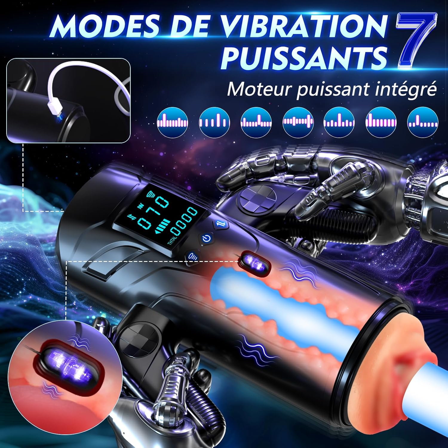 Masturbateur avec vibration rechargeable USB-C pour stimulation masculine personnalisée