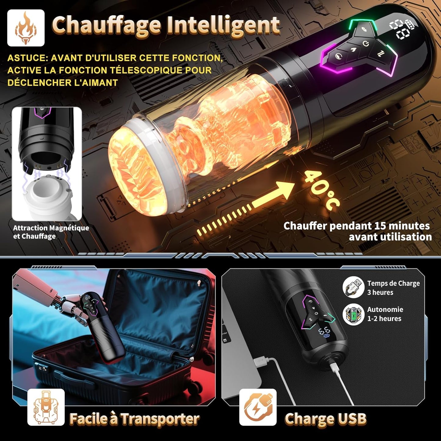 Masturbateur homme automatique chauffant avec design ergonomique et fonction mains libres