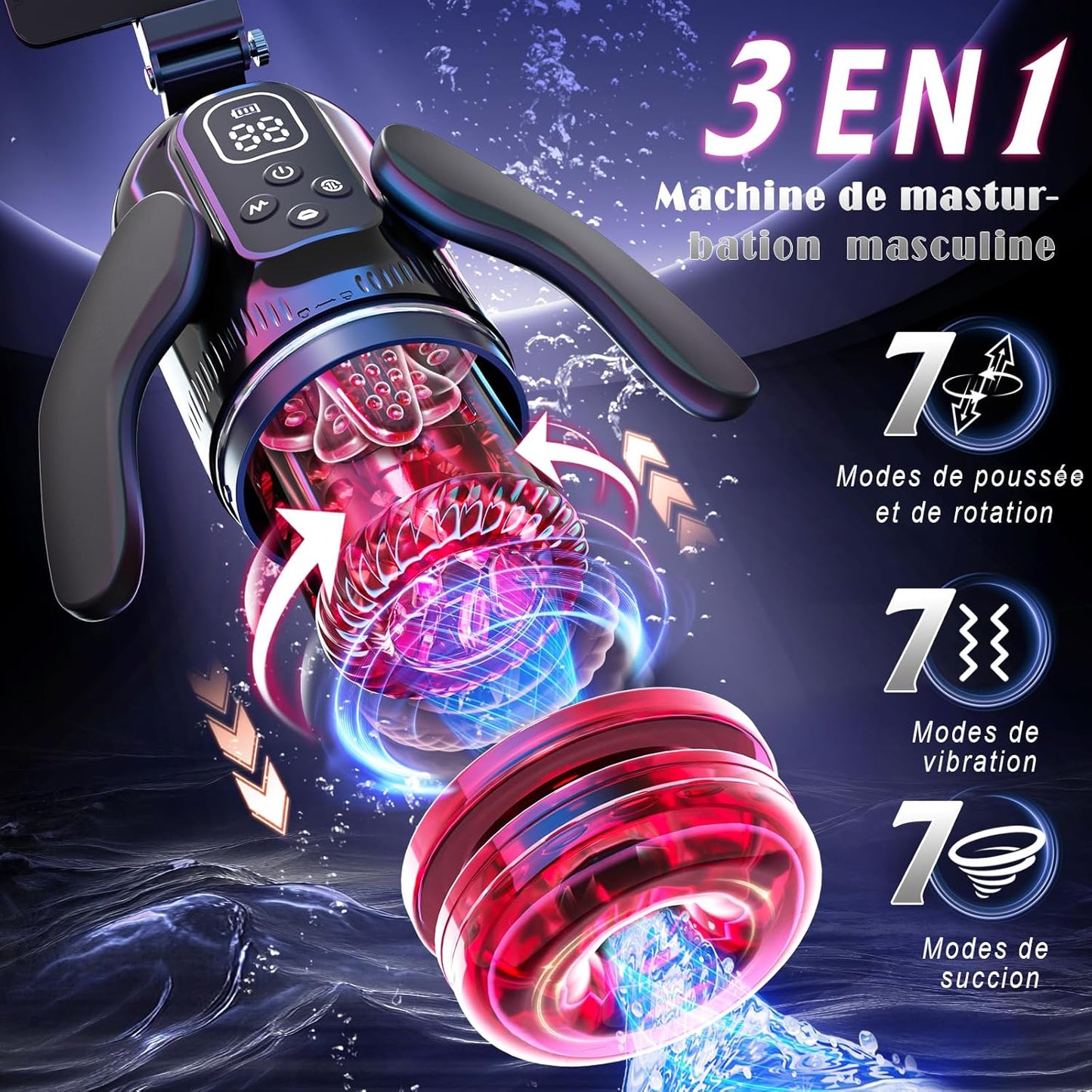 Masturbateur homme automatique 3 en 1 vue de face avec design transparent