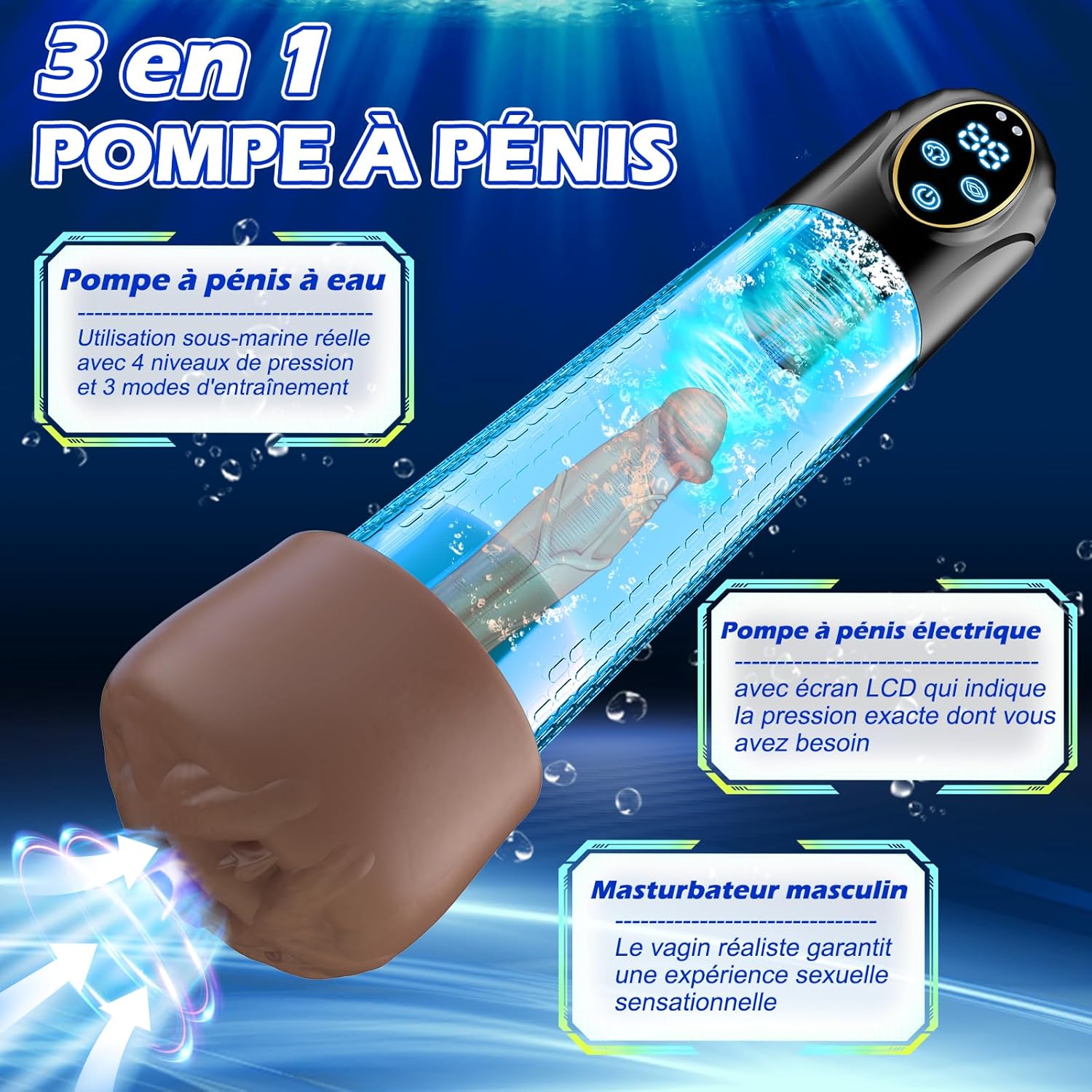 Vue de profil de la pompe à pénis électrique automatique avec poignée ergonomique