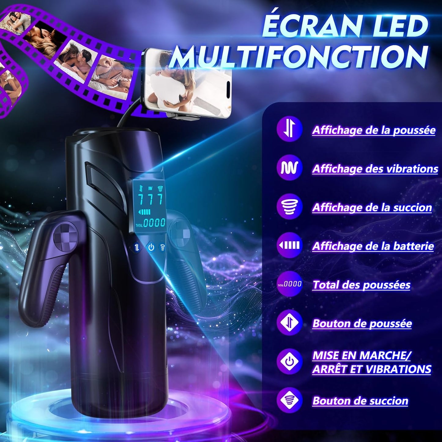 Masturbateur masculin automatique vue de face avec support smartphone réglable et écran LED