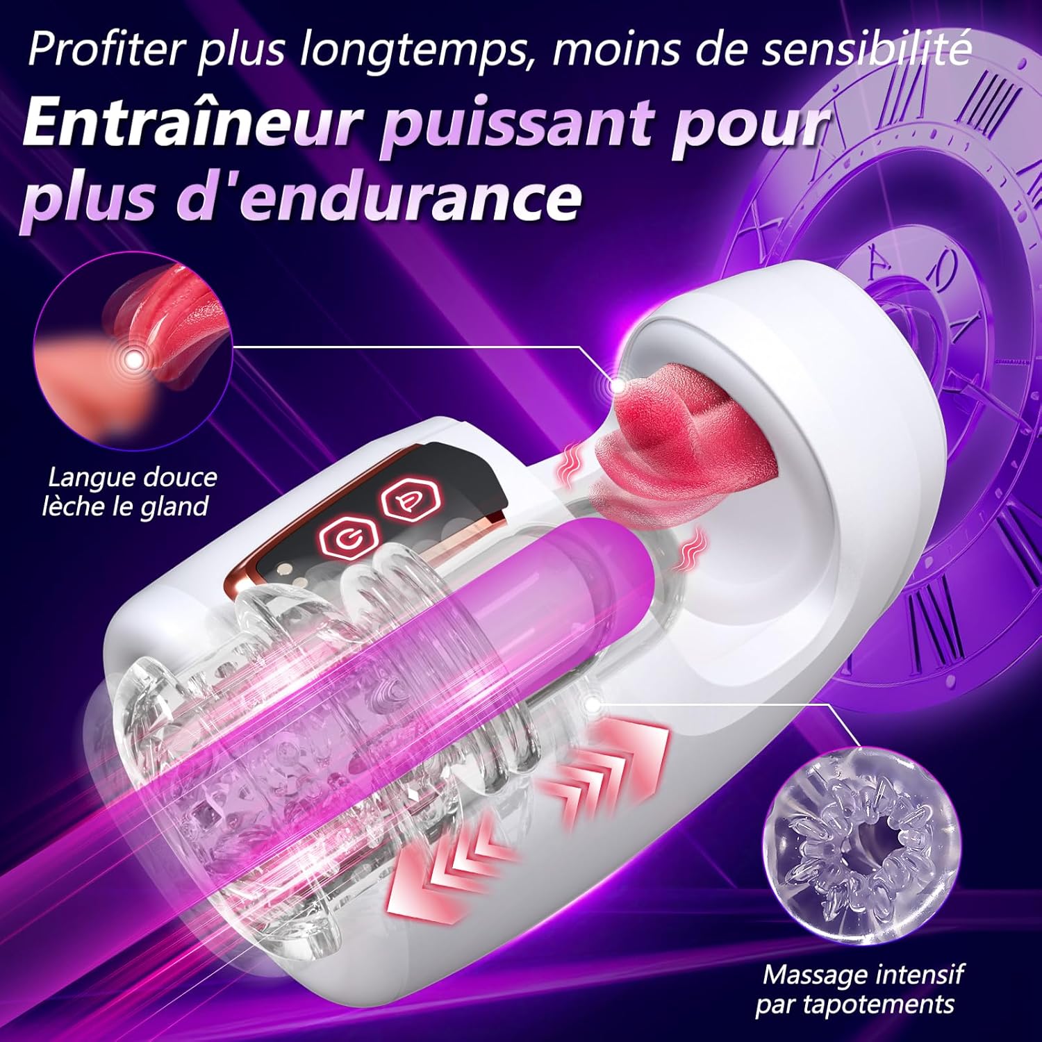 Vue de face du masturbateur automatique télescopique avec léchage de langue