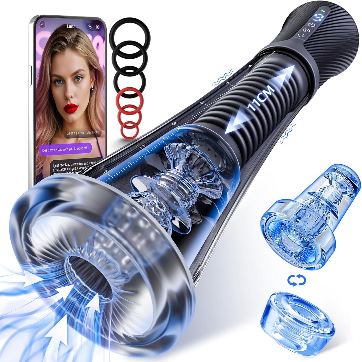 Vue avant du masturbateur automatique homme avec coupe transparente extra-longue et système de succion réglable