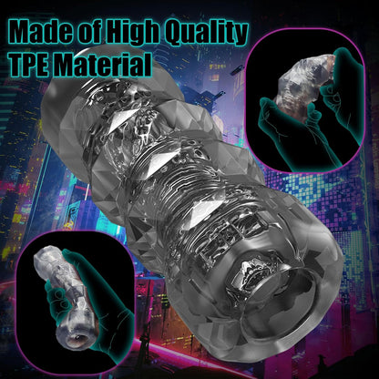 Photo mettant en avant la matière TPE body safe du masturbateur réutilisable pour homme
