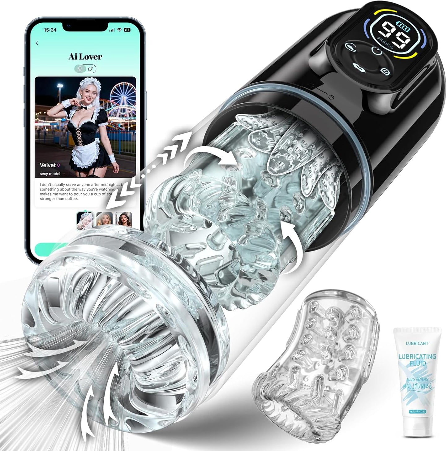 Masturbateur homme connecté noir en vue trois quarts mettant en avant son format ergonomique et son style premium