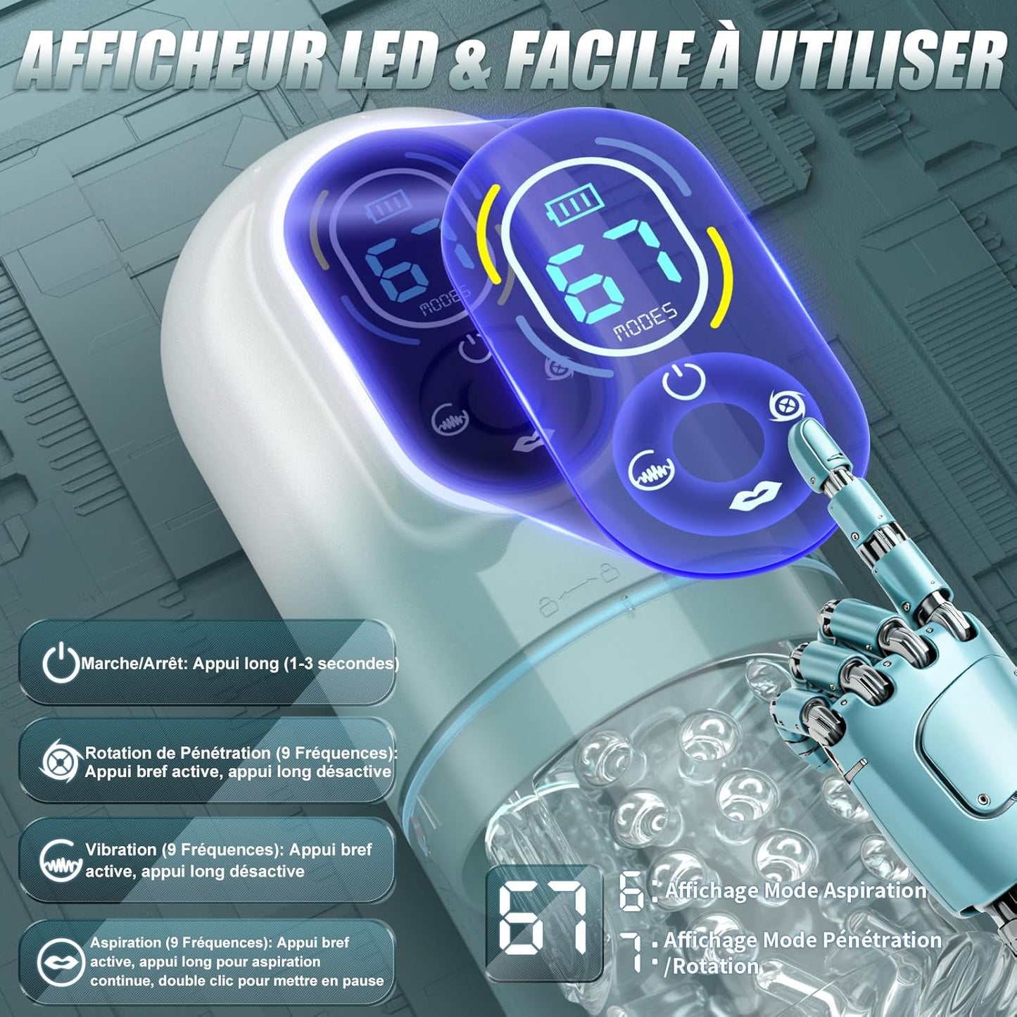 Masturbateur automatique avec écran LED et 4 boutons de réglage intuitifs