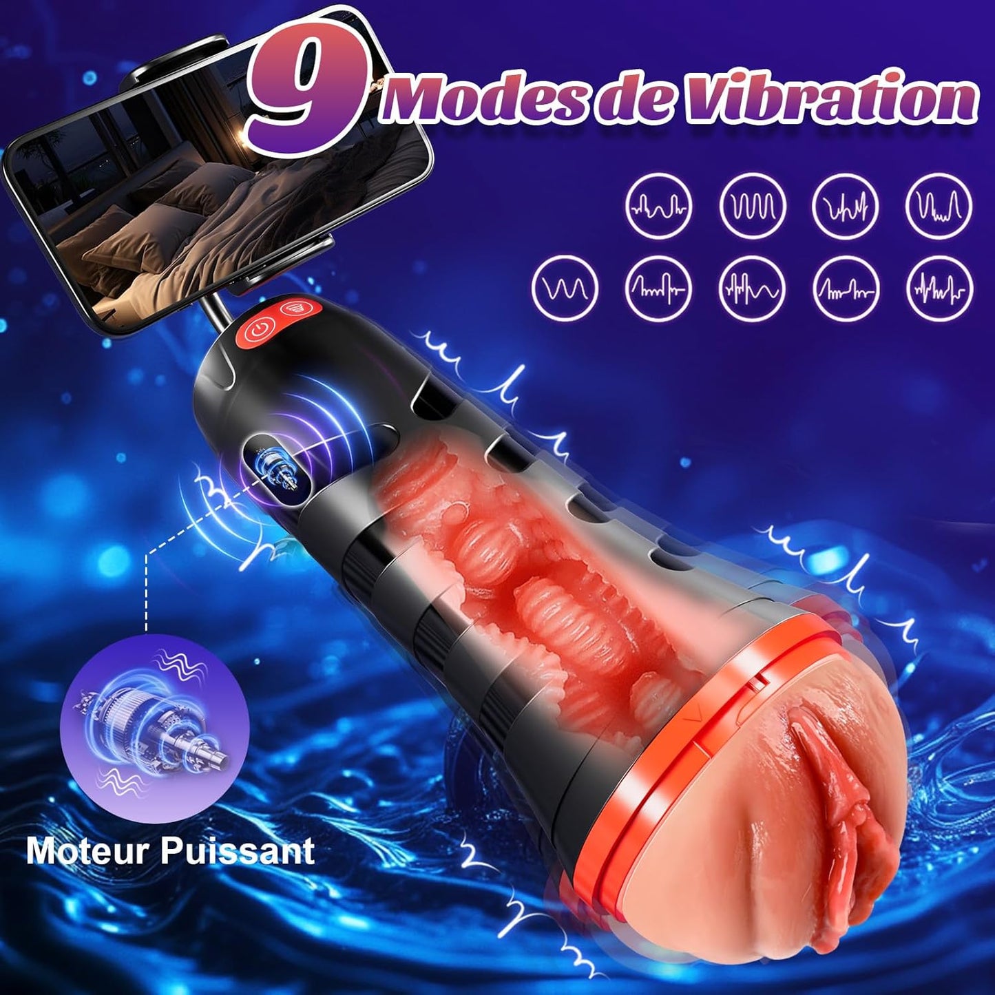 Masturbateur électrique pour homme avec 9 modes de vibration et 4 modes d'aspiration, panneau de commande
