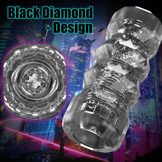 Vue de face du masturbateur transparent pour homme avec design compact et finition effet diamant