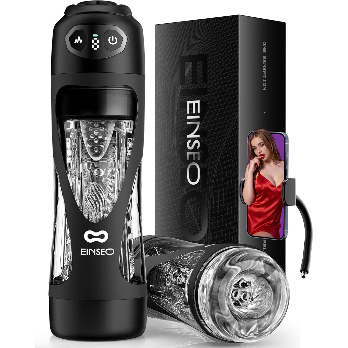 Simulateur de fellation IA noir et transparent vue de face sur fond neutre
