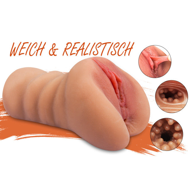 Masturbateur réaliste double entrée avec texture extérieure ondulée antidérapante
