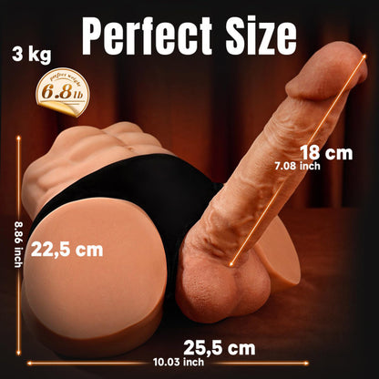Dimensions du masturbateur fessier SuperLove James : gode 18 cm insérable et largeur 25,5 cm