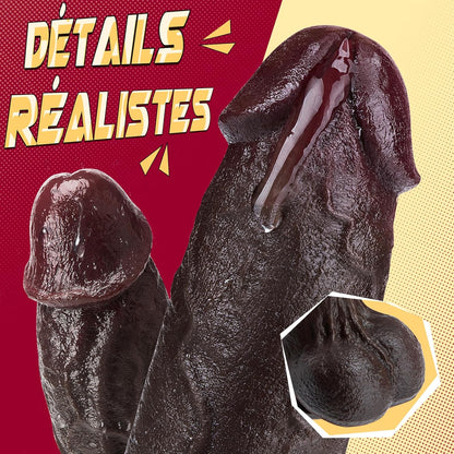Gros plan texture gode réaliste XXL — veines saillantes, gland anatomique et globe ridé en silicone noir
