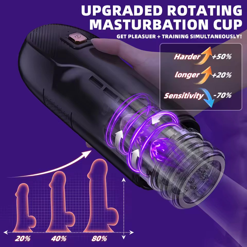 Masturbateur télescopique automatique présenté de profil avec système de poussée rotative