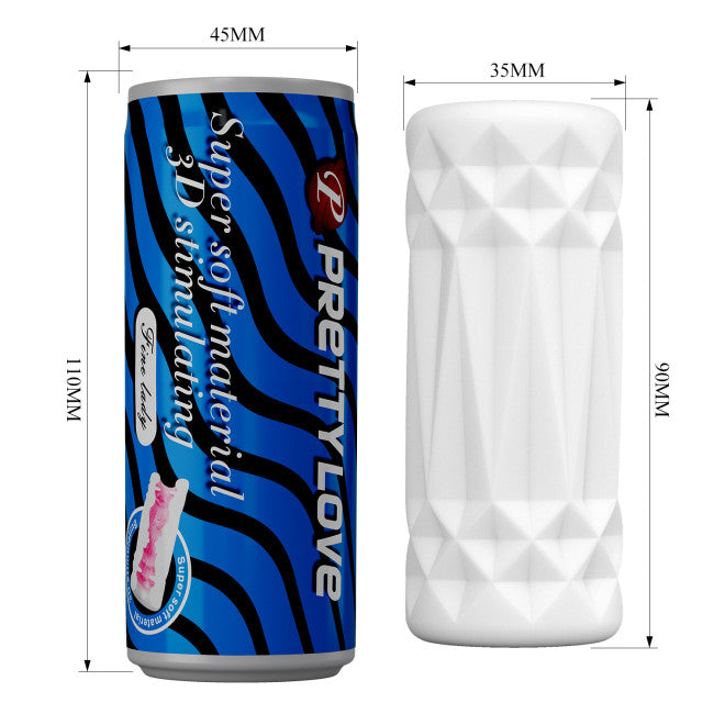 Dimensions du masturbateur homme bleu en canette discrète, format compact idéal pour voyage et rangement