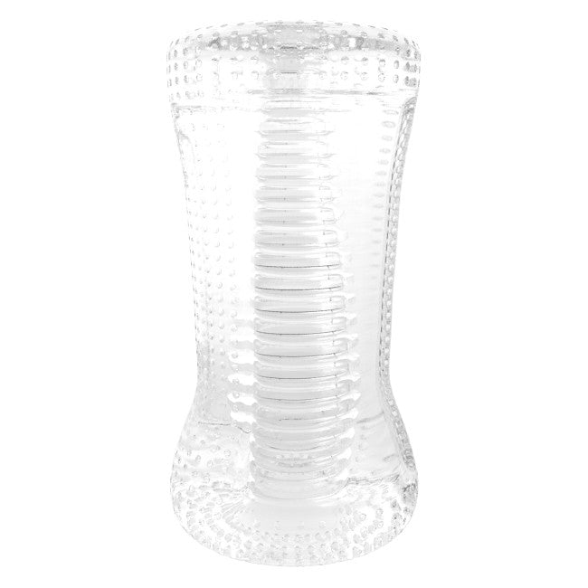 Masturbateur transparent à relief ondulé vu de face sur fond neutre