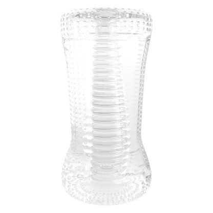 Masturbateur transparent à relief ondulé vu de face sur fond neutre