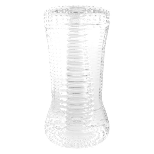 Masturbateur transparent à relief ondulé vu de face sur fond neutre