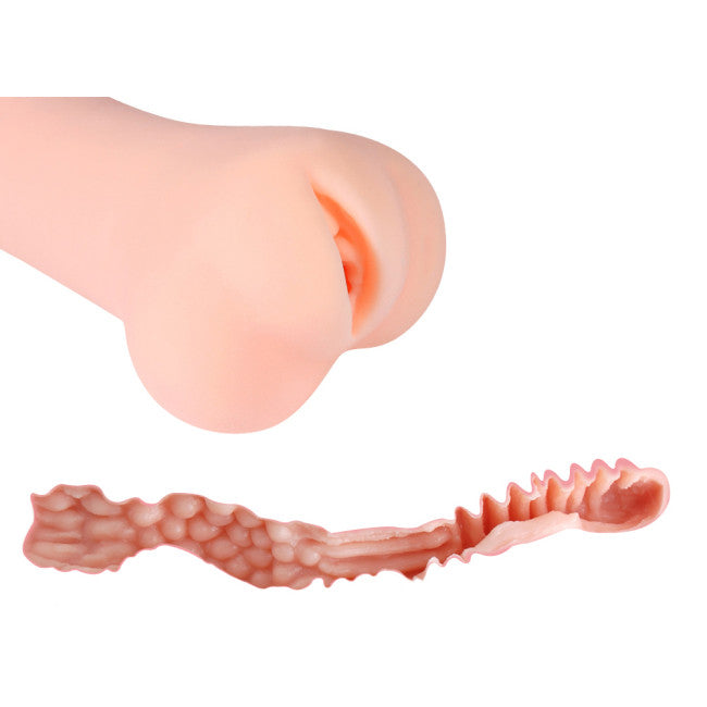 Vue latérale du masturbateur masculin Monica en TPR élastique avec design discret et réaliste