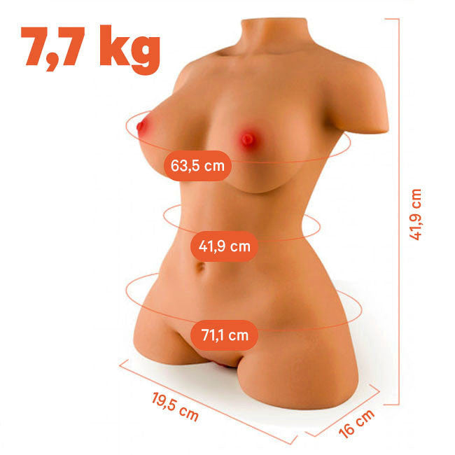 Photo dimensions poupée sexuelle Margot en TPE réaliste 7,7 kg avec longueur insérable 18 à 19 cm