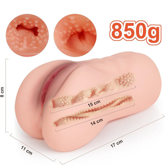 Pocket pussy réaliste pour homme avec dimensions du produit affichées, format compact 850g facile à manipule