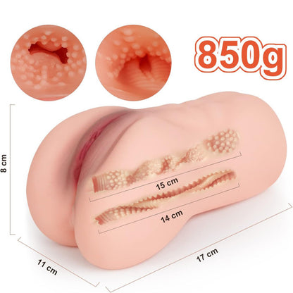Pocket pussy réaliste pour homme avec dimensions du produit affichées, format compact 850g facile à manipule