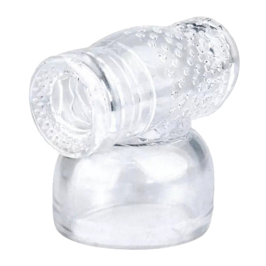 Vue de face de l'accessoire masturbateur transparent pour wand vibrant sur fond neutre

