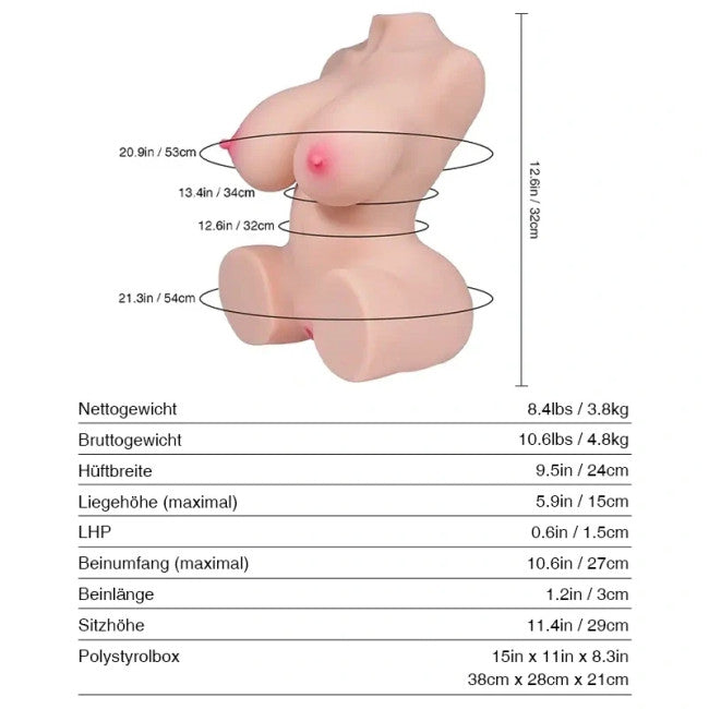 Photo des dimensions du masturbateur buste et fessier SD4 avec longueur 32 cm et largeur 24 cm