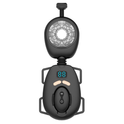 Vue de face du masturbateur automatique mains libres noir avec sangle et télécommande
