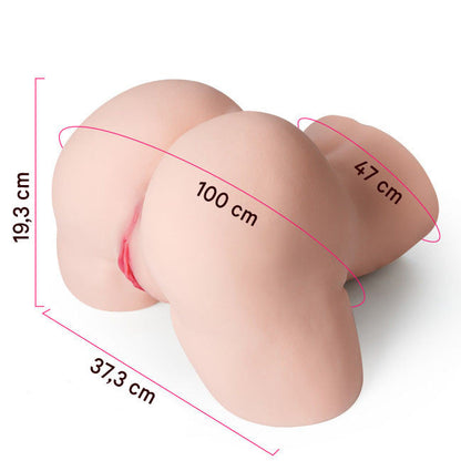 Schéma des dimensions du masturbateur fessier Cecilia : 8,2 kg, canaux de 25,4 cm et 23,6 cm
